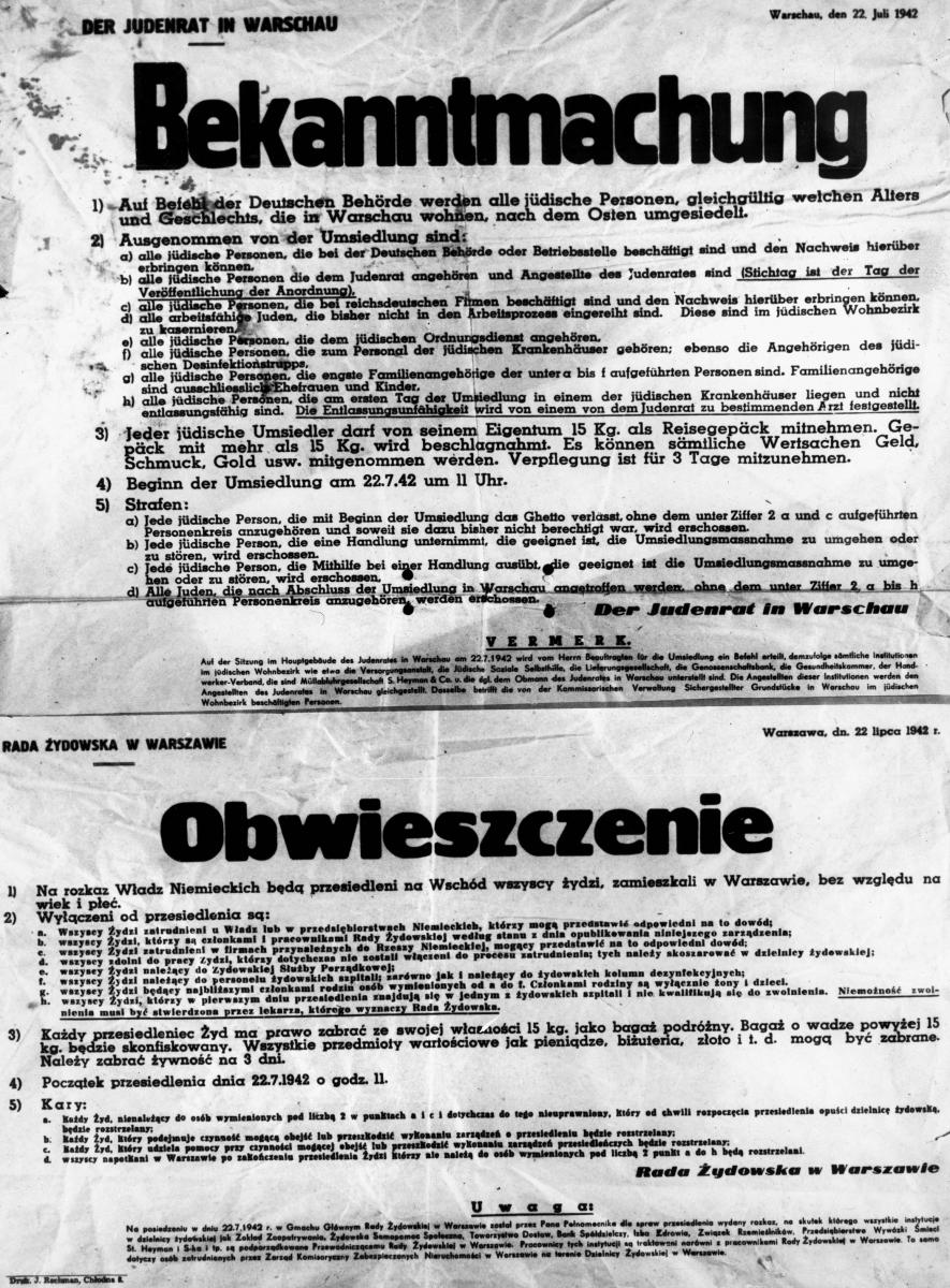 Warsaw, Poland, Announcement from the Judenrat for resettlement of the Jews from the Warsaw ghetto, 22/07/1942